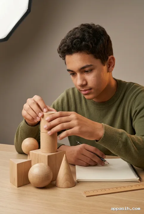 Young student closely examining and arranging wooden geometric solids at the same studio learning desk during a hands-on STEM activity.