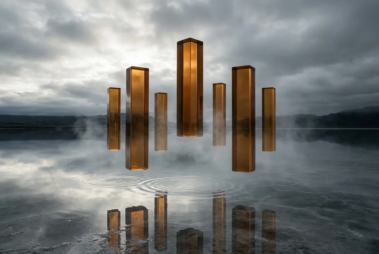 Seven translucent amber glass monoliths hovering above a reflective salt basin with mist, ripples, and cinematic directional light.