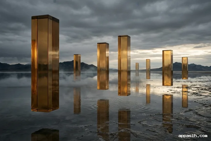 Low cinematic view of seven amber glass monoliths suspended over a misty reflective salt basin with rippling water and dramatic horizon light.