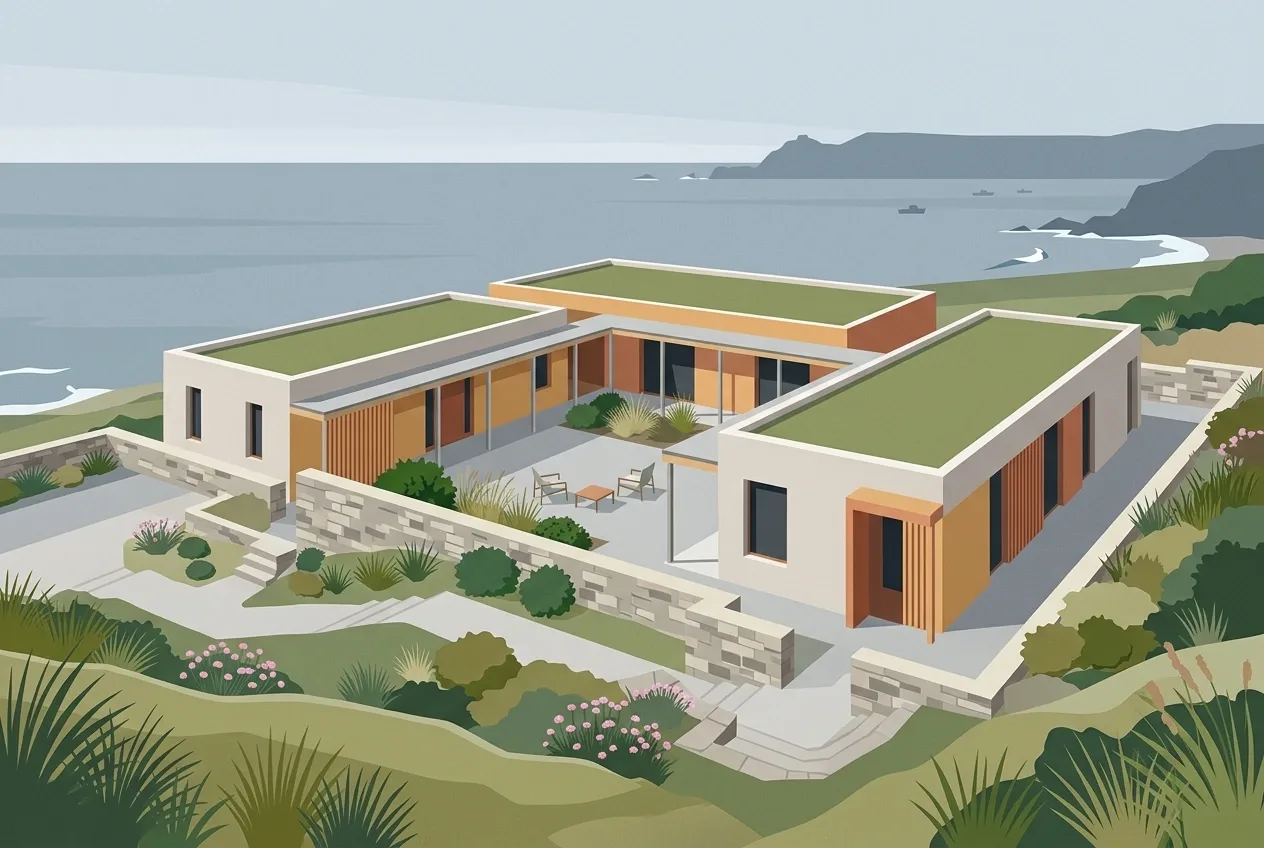 Flat 2D illustration of a contemporary cliffside courtyard house with terraced green roofs, stone walls, timber screens, and a calm coastal landscape.