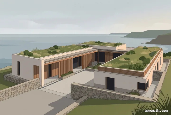 Flat 2D illustration of the same cliffside courtyard house from a closer three-quarter approach, highlighting timber screens, terraced green roofs, stone retaining walls, courtyard paving, and the coastal horizon.