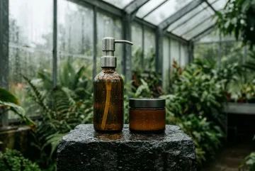 Amber glass skincare pump bottle and cosmetic jar displayed on a rain-wet basalt pedestal in a misty greenhouse with cinematic lighting.