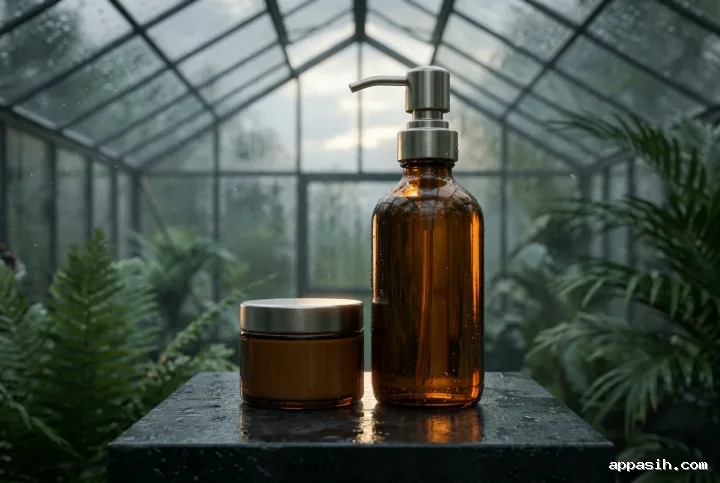 Close cinematic view of an amber glass skincare pump bottle and cosmetic jar on the same wet basalt pedestal inside a misty greenhouse with soft directional light.
