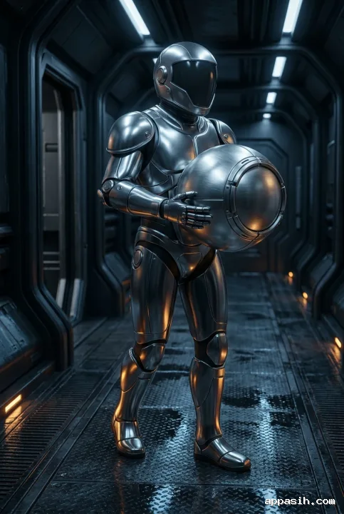 Closer three-quarter view of the same chrome metallic 3D astral courier carrying a spherical orbital parcel through the same wet futuristic transit corridor.