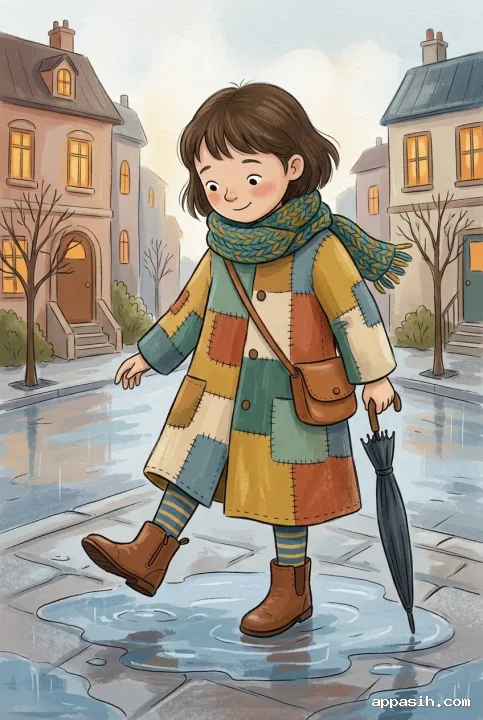 Young city explorer in the same colorful patchwork coat and knitted scarf pauses beside a puddle on a rainy neighborhood street, rendered as a textured children's book illustration.