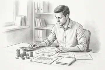 Pencil sketch of a business analyst planning a budget at an office desk with a calculator, coin stacks, documents, and unlabeled financial charts.