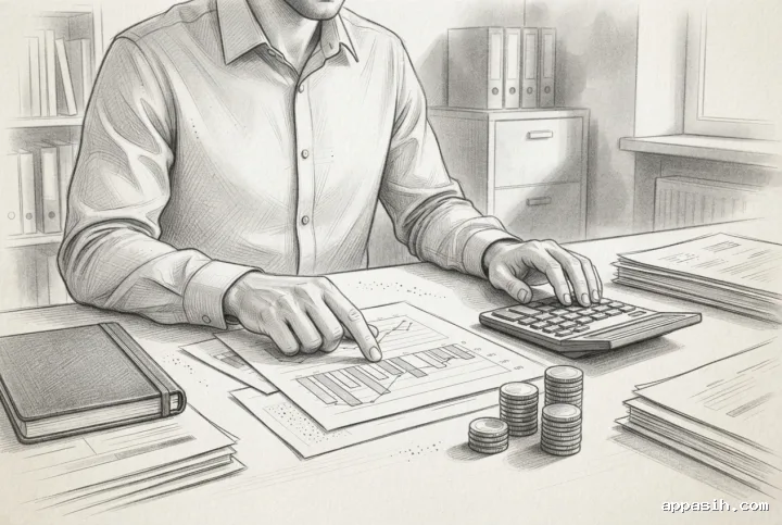 Detailed pencil sketch of the same business analyst closely reviewing a budget at an office desk with a calculator, coin stacks, documents, and unlabeled financial charts.