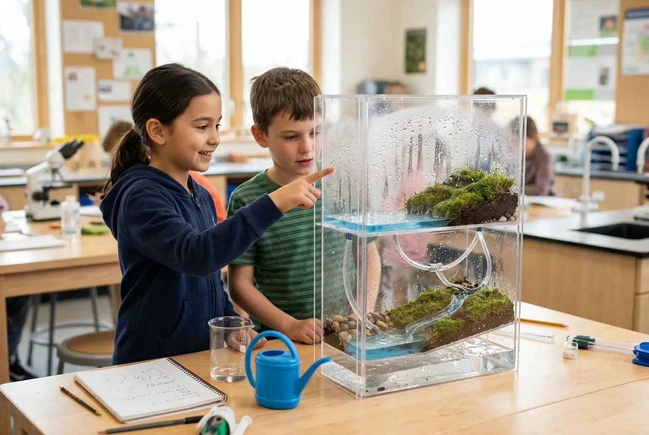 Two children examining a transparent rainwater cycle model with condensation and miniature terrain in a bright science classroom.