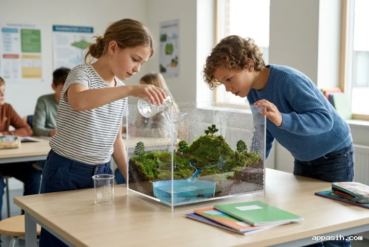 Two children closely observing condensation and water flow inside a transparent rainwater cycle model during a hands-on science lesson.
