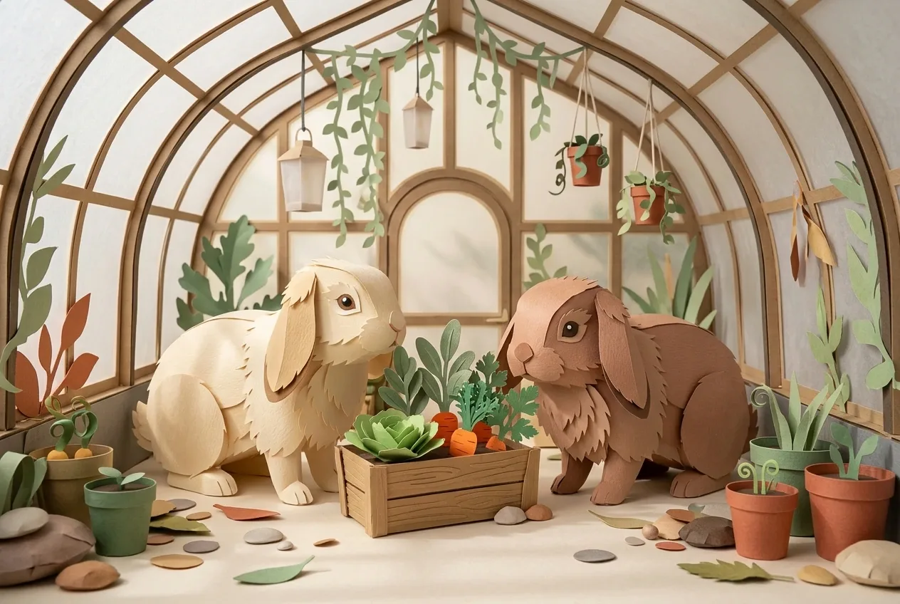 Two lop-eared pet rabbits exploring a cozy layered papercraft greenhouse garden with paper vegetables, pots, and leafy plants.