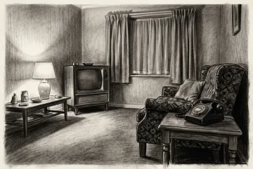 Charcoal drawing of a 1970s living room with a rotary telephone, wooden tube television, patterned armchair, coffee table, and glowing table lamp.