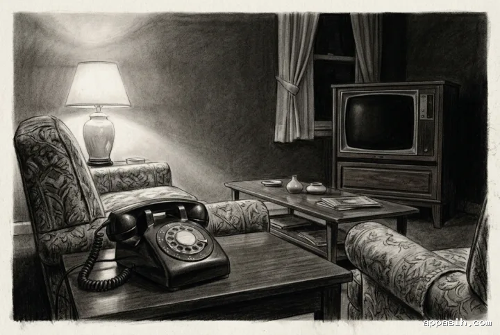 Detailed charcoal drawing of a 1970s living room viewed closer to a rotary telephone, with a patterned armchair, wooden tube television, coffee table, and softly glowing lamp.