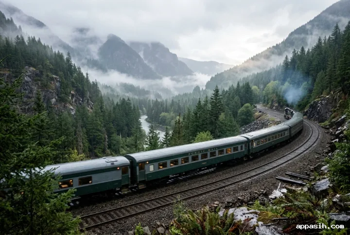 Wide three-quarter view of a scenic passenger train curving through the same rainy misty mountain valley with wet tracks and evergreen slopes.
