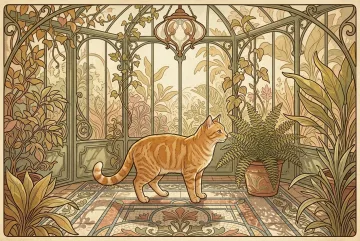 Ginger cat standing among ferns in a glass conservatory with Retro Art Nouveau botanical ornament and warm filtered daylight.
