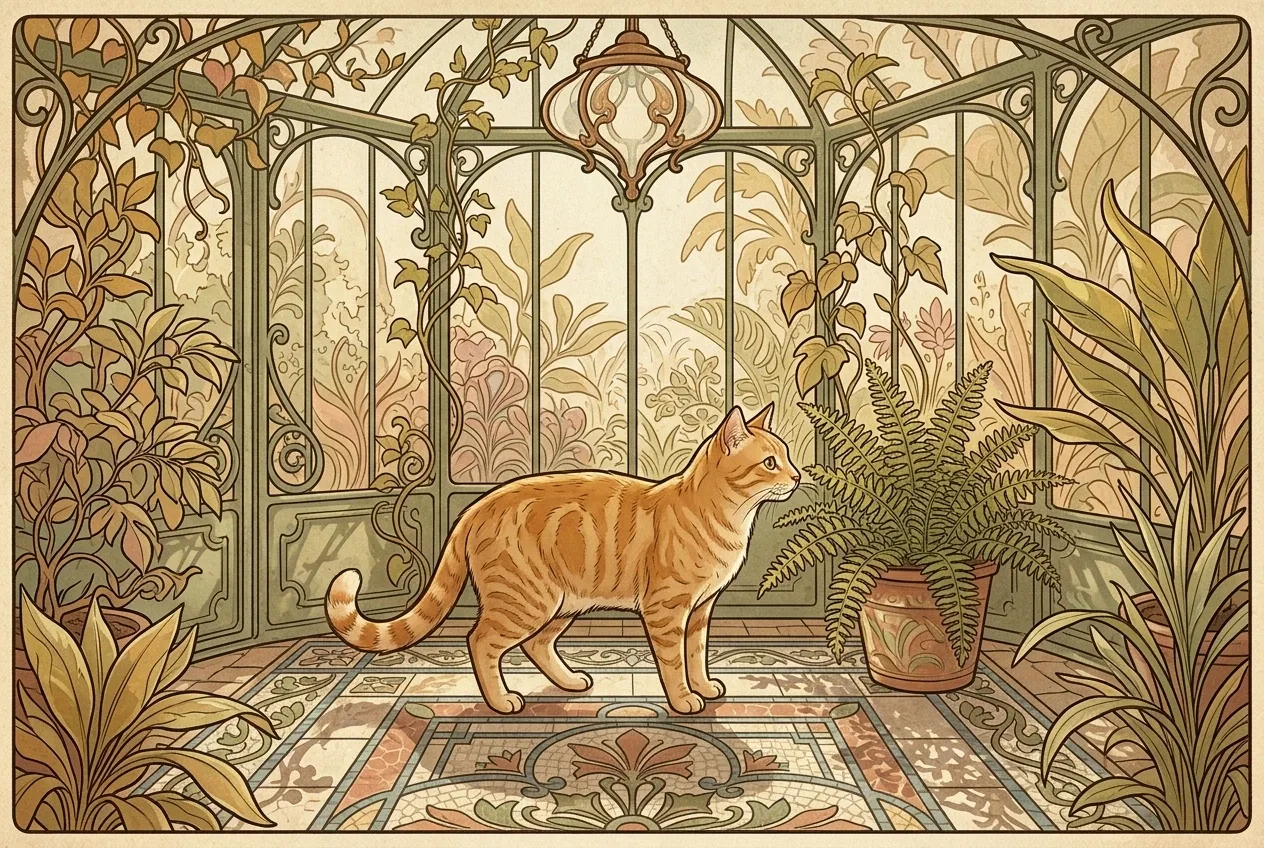 Ginger cat standing among ferns in a glass conservatory with Retro Art Nouveau botanical ornament and warm filtered daylight.