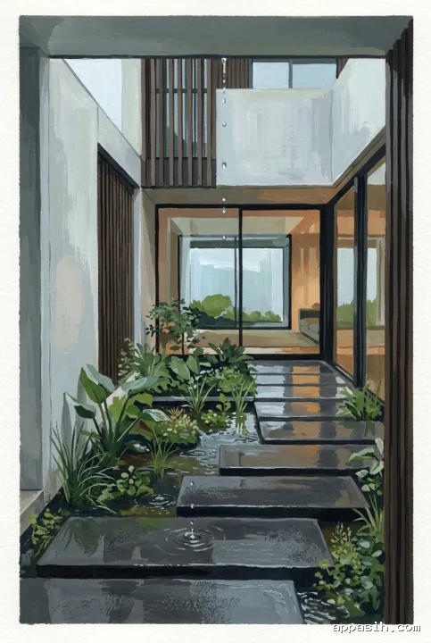 Closer portrait gouache view of the same contemporary concrete atrium house and rain garden, showing wet stepping stones, lush plants, timber screens, and warm reflections.