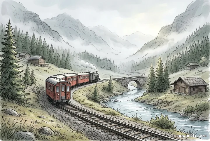 Closer hand-drawn doodle view of a mountain railway entering a curve in the same misty alpine valley, with a stone bridge, stream, pine slopes, cabins, and fog-covered peaks.