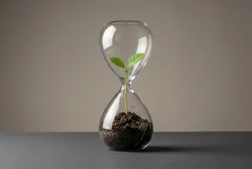 Cracked glass hourglass filled with dark soil and a green seedling photographed on a charcoal surface in a warm gray studio setting.