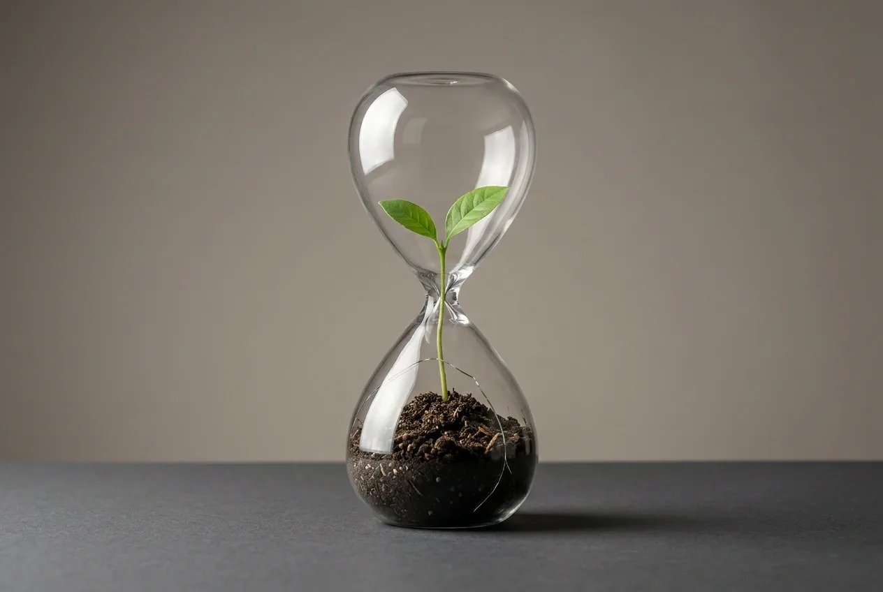 Cracked glass hourglass filled with dark soil and a green seedling photographed on a charcoal surface in a warm gray studio setting.