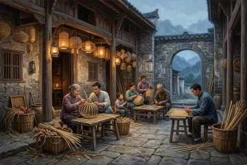 Oil painting of traditional lantern weavers crafting bamboo lanterns in a stone mountain heritage courtyard at dusk.