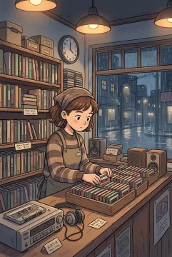 Anime-inspired cartoon of a young shopkeeper arranging cassette tapes in a cozy retro music shop on a rainy night.
