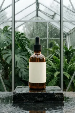 Cinematic amber glass dropper bottle on a rain-wet dark stone pedestal inside a moody greenhouse.