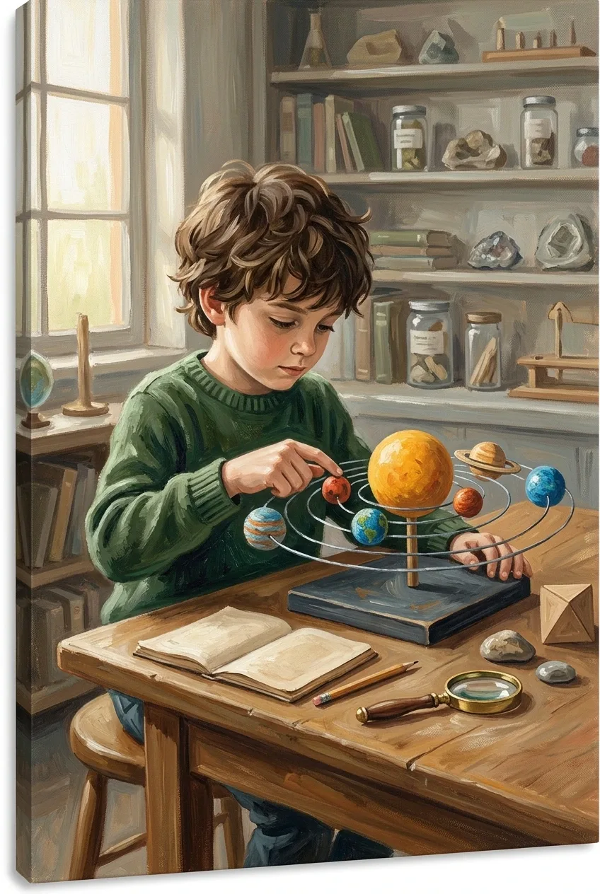 Acrylic painting of a young student examining a tabletop solar system model in a softly lit science classroom.
