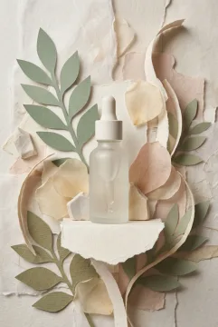 Unbranded cosmetic serum bottle surrounded by layered botanical paper leaves, translucent petals, and mineral shapes in a mixed-media collage.