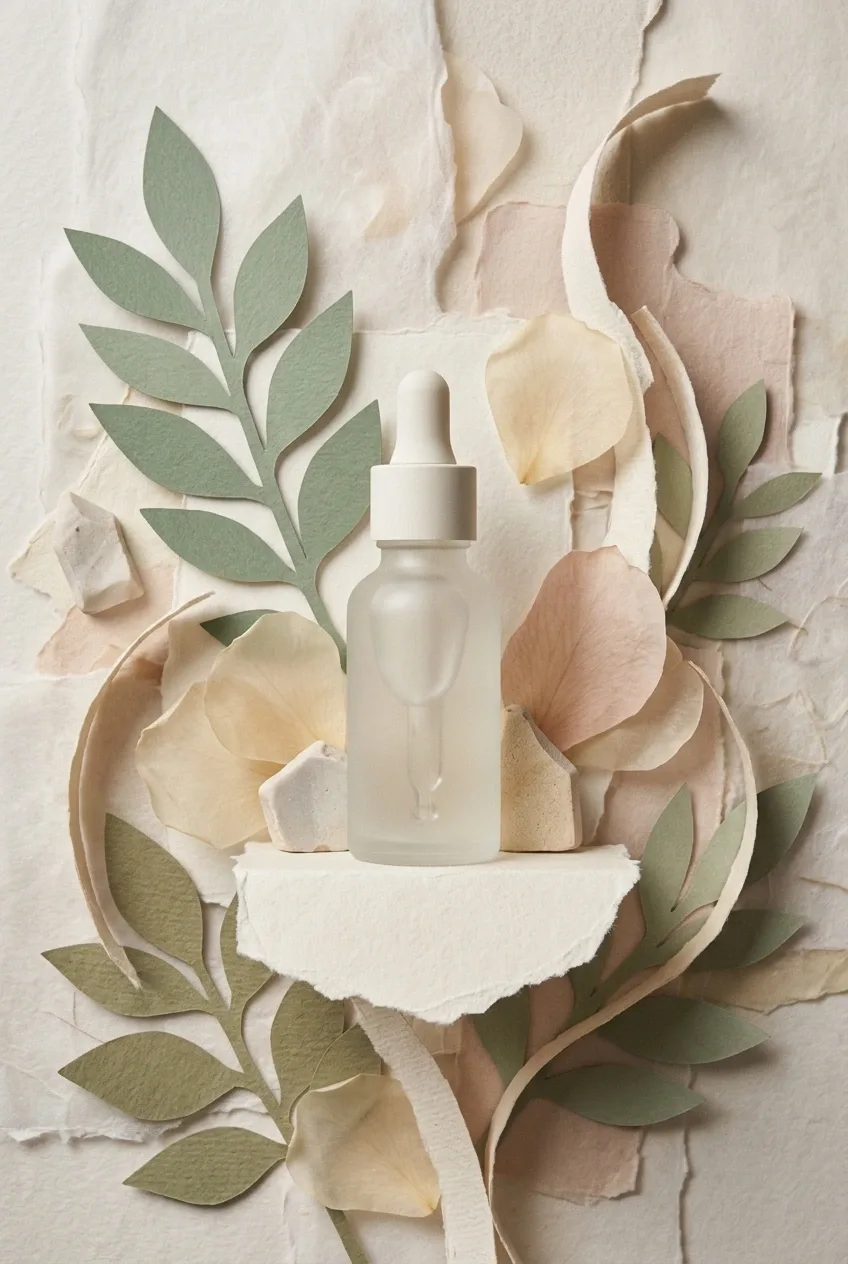Unbranded cosmetic serum bottle surrounded by layered botanical paper leaves, translucent petals, and mineral shapes in a mixed-media collage.