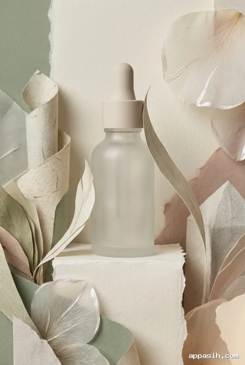 Close three-quarter view of an unbranded cosmetic serum bottle among layered botanical paper leaves, translucent petals, and mineral forms in a tactile mixed-media collage.