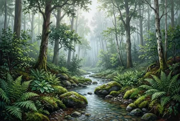 Acrylic painting of a misty fern valley with a winding stream, mossy rocks, tall forest trees, and soft morning light.