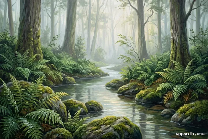 Detailed acrylic painting of the same misty fern valley from a lower streamside viewpoint, with mossy rocks, layered woodland foliage, and softly warmed morning light.