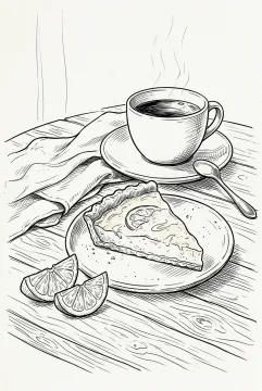 Line art drawing of a citrus tart slice with a ceramic cup of tea, citrus wedges, spoon, and folded napkin on a cafe table.