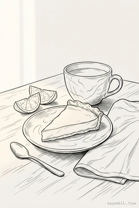 Detailed line art drawing of a citrus tart slice and cup of tea with citrus wedges, spoon, and folded linen napkin on a softly lit cafe table.