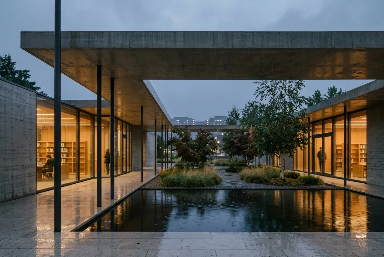Cinematic modern public library with a cantilevered concrete roof surrounding a rain-soaked courtyard and reflecting pool illuminated by warm reading-room lights.