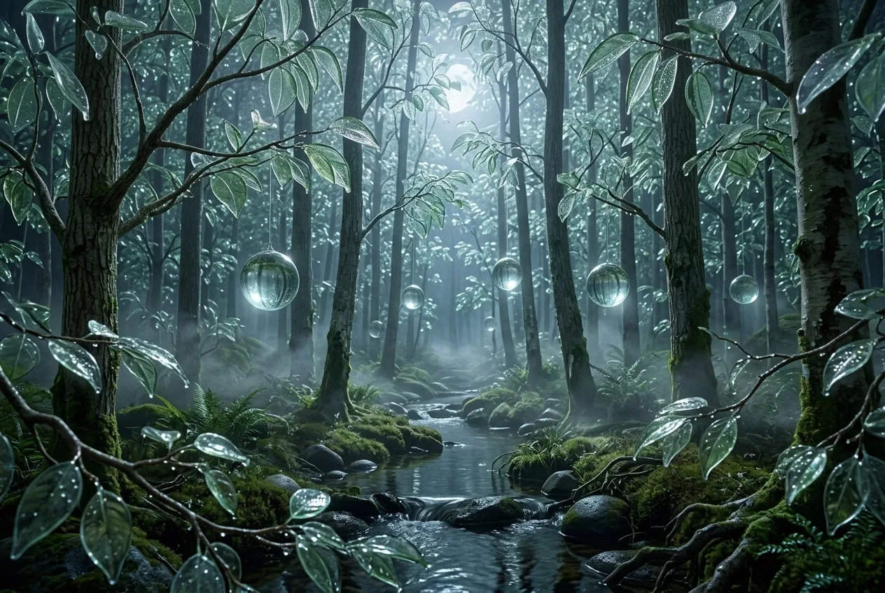 Surreal moonlit glassleaf forest with translucent leaves, a winding stream, floating dew spheres, mossy stones, and silver mist.