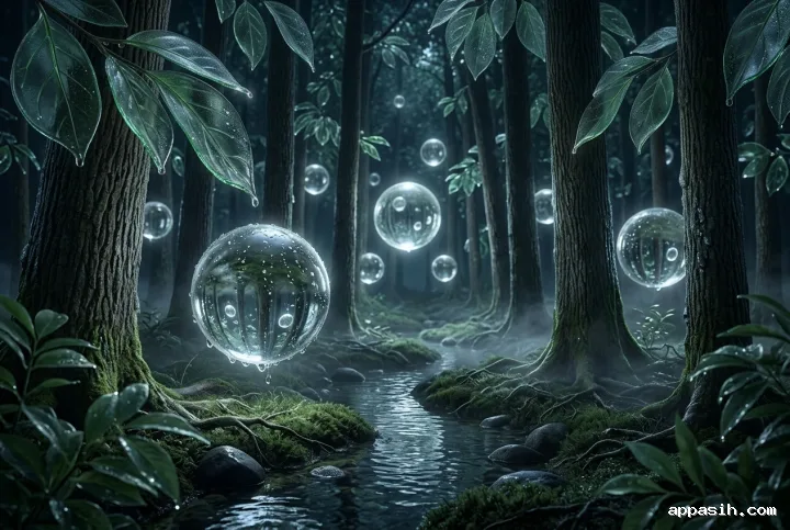 Wide surreal view of the same moonlit glassleaf forest with floating dew spheres above a winding stream, translucent foliage, wet moss, and silver-blue mist.