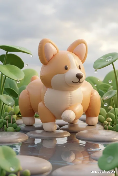 Close three-quarter view of an inflatable 3D corgi lifting one paw beside a puddle in the same rainy miniature garden with glossy leaves and soft reflected light.
