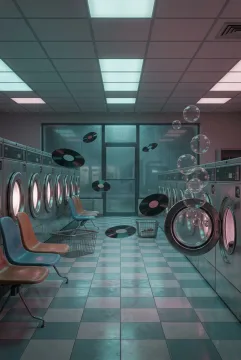 Surreal 1980s laundromat with floating black vinyl records above chrome washing machines under muted cyan and magenta nighttime lighting.