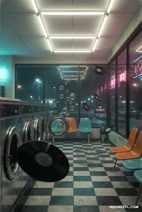 Closer surreal view inside an 1980s laundromat where floating vinyl records drift past chrome washing machines and rising soap bubbles in muted cyan and magenta light.
