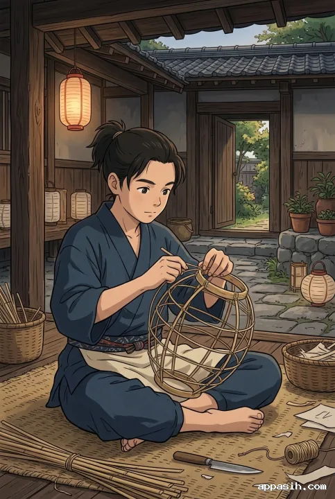 Closer anime-inspired cartoon view of the same lantern artisan weaving bamboo in a traditional courtyard as a softly glowing festival lantern hangs nearby.