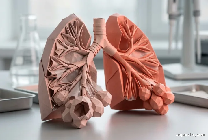 Closer mixed-media origami lung anatomy showing folded bronchi and alveoli on the same biomedical laboratory workbench.