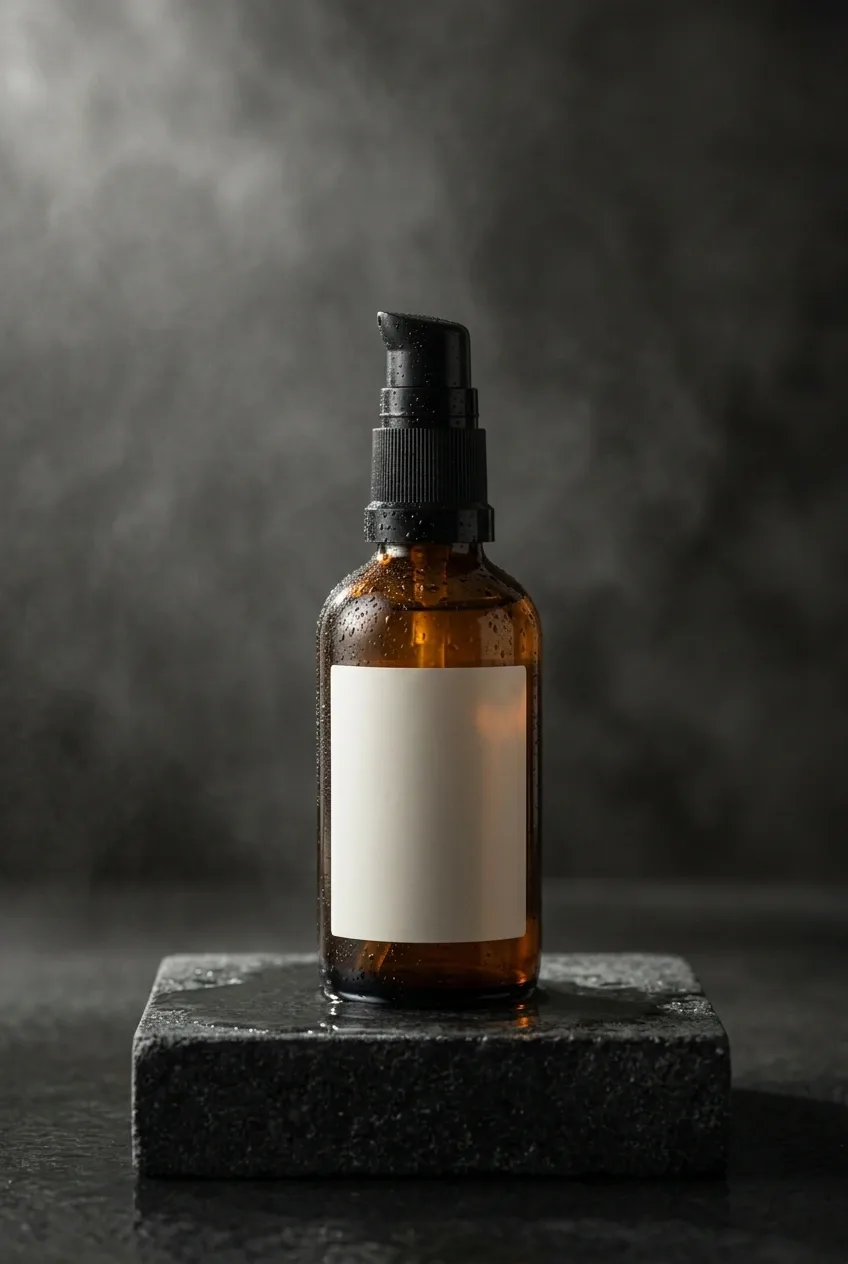 Unbranded amber glass skincare bottle with black pump standing on a rain-covered dark stone pedestal in cinematic studio lighting.