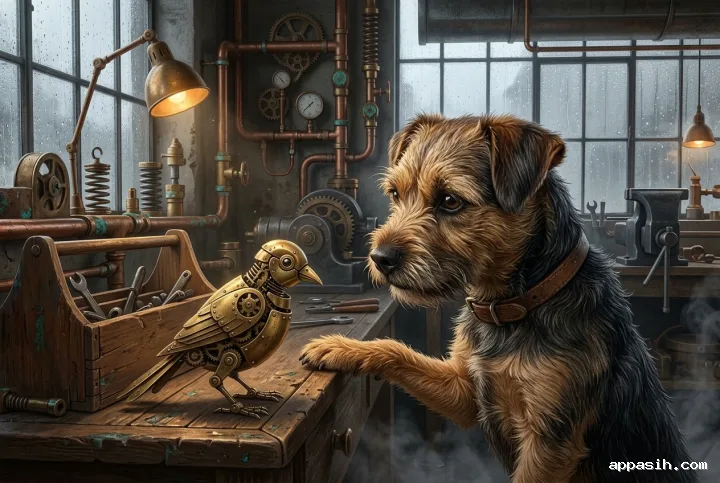 A wiry terrier leans toward an articulated brass clockwork bird on a workbench inside the same rain-lit steampunk workshop of copper pipes, gears, tools, and warm mechanical lamps.