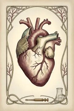 Human heart anatomy centered in a Retro Art Nouveau medical illustration with flowing vascular ornament, aged ivory paper, and vintage laboratory details.
