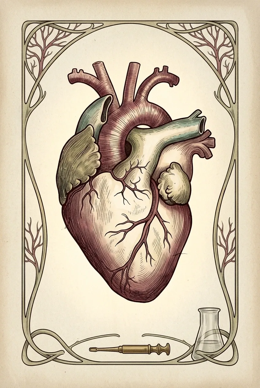 Human heart anatomy centered in a Retro Art Nouveau medical illustration with flowing vascular ornament, aged ivory paper, and vintage laboratory details.