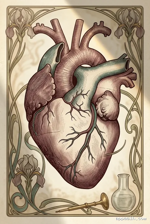 Closer view of human heart anatomy in a Retro Art Nouveau medical illustration with intricate vascular ornament, lithographic texture, and warm antique lighting.