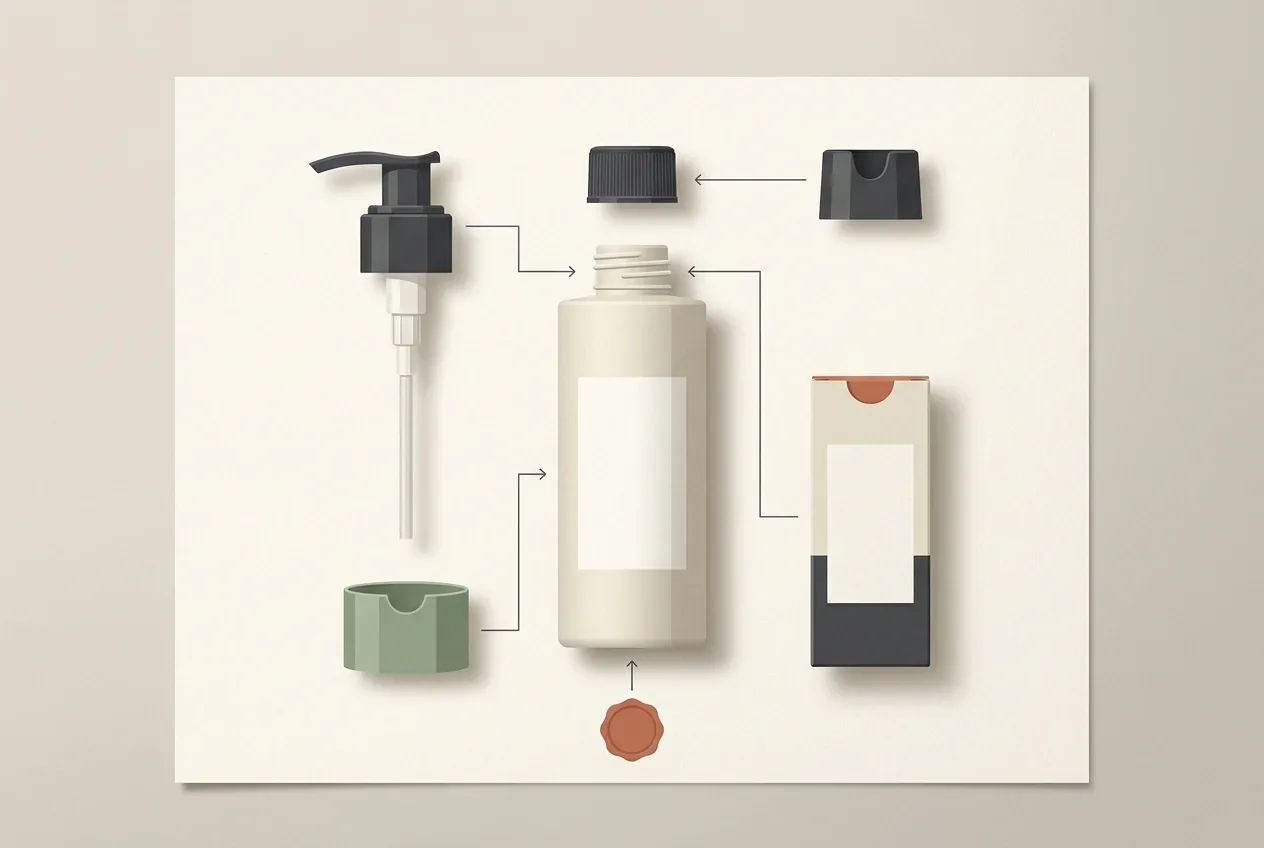 Modular skincare bottle packaging mockup with pump, cap, carton, and blank label components arranged as a graphic infographic illustration.