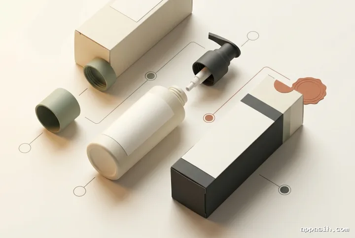 Closer three-quarter infographic illustration of the same modular skincare bottle packaging mockup with pump, cap, carton, seal, and blank label components.