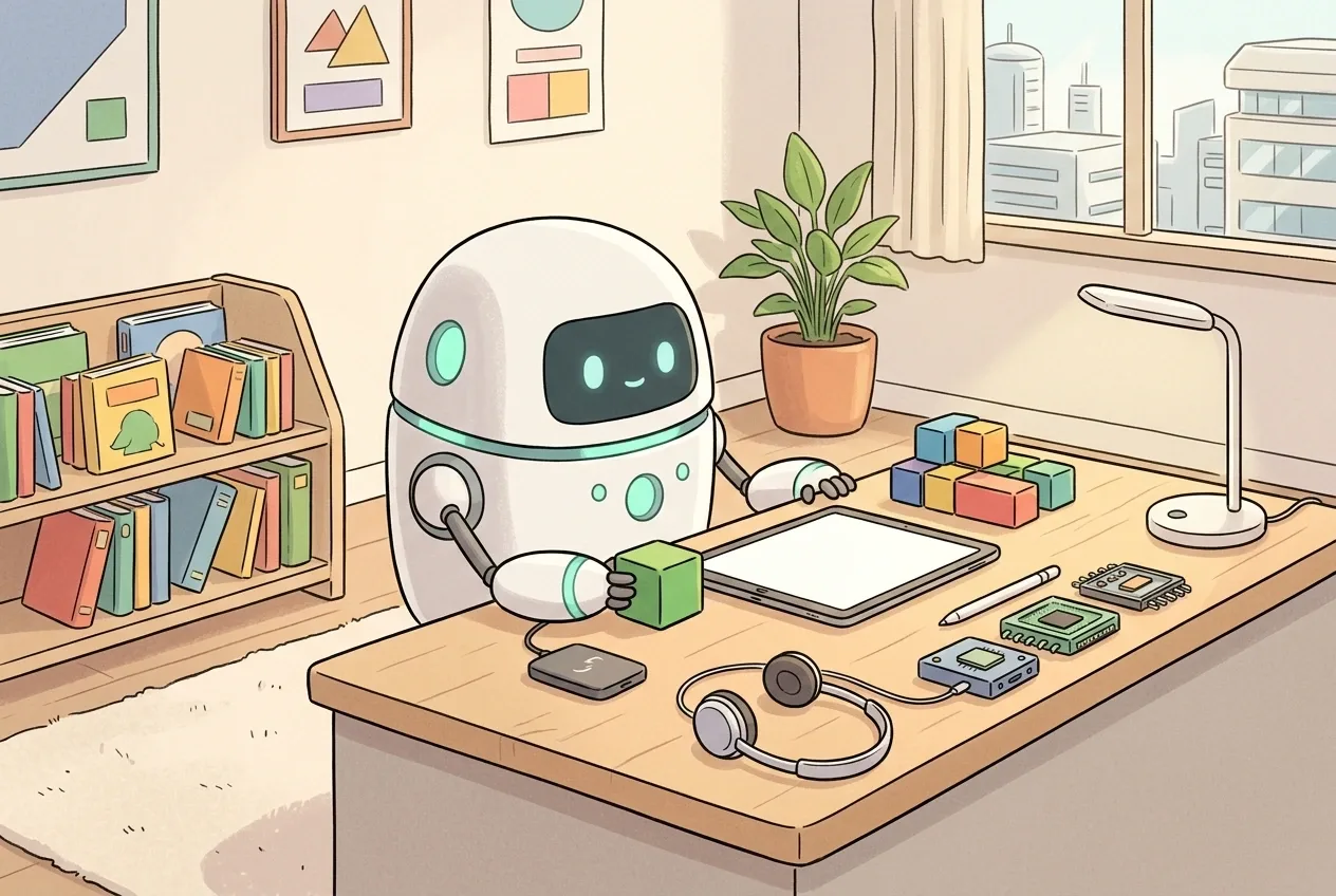Friendly home robot organizing a child's smart study desk with a tablet, learning blocks, lamp, and wireless gadgets in a cozy bedroom.